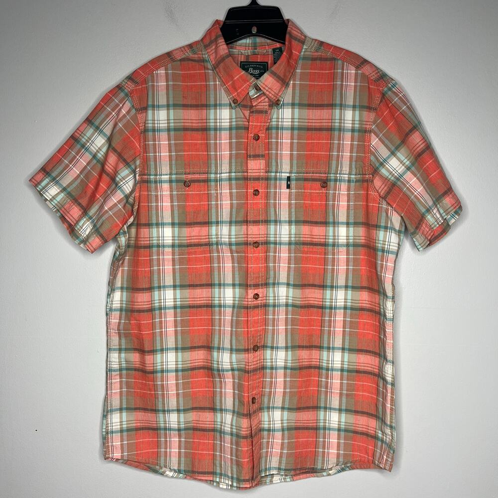 GH Bass & Co Plaid Short Sleeve Button Front Shirt Mens L‎ Orange Green Outdoors